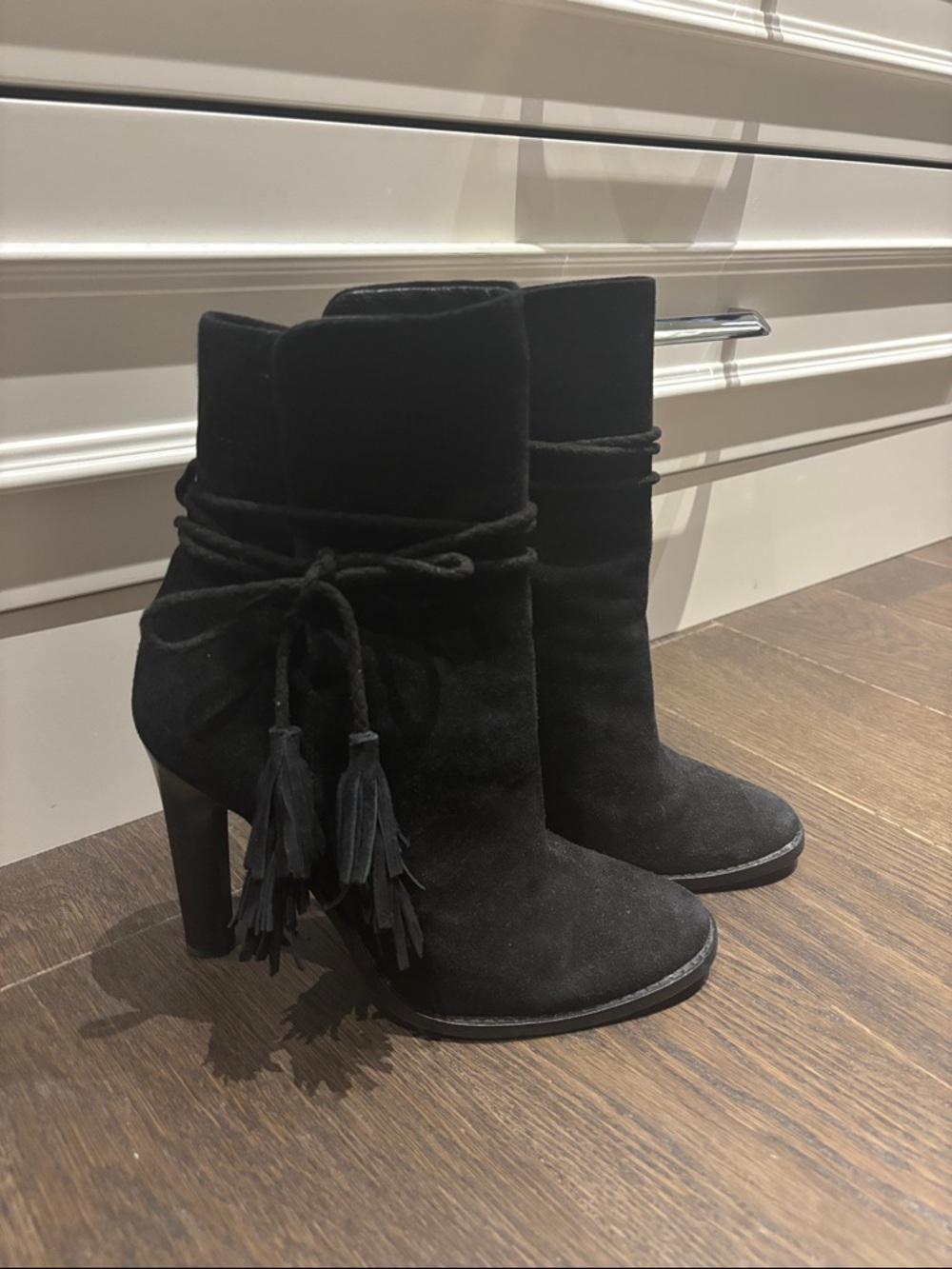 Joie Black Suede Tassel Wrap High-Heel Ankle Boots